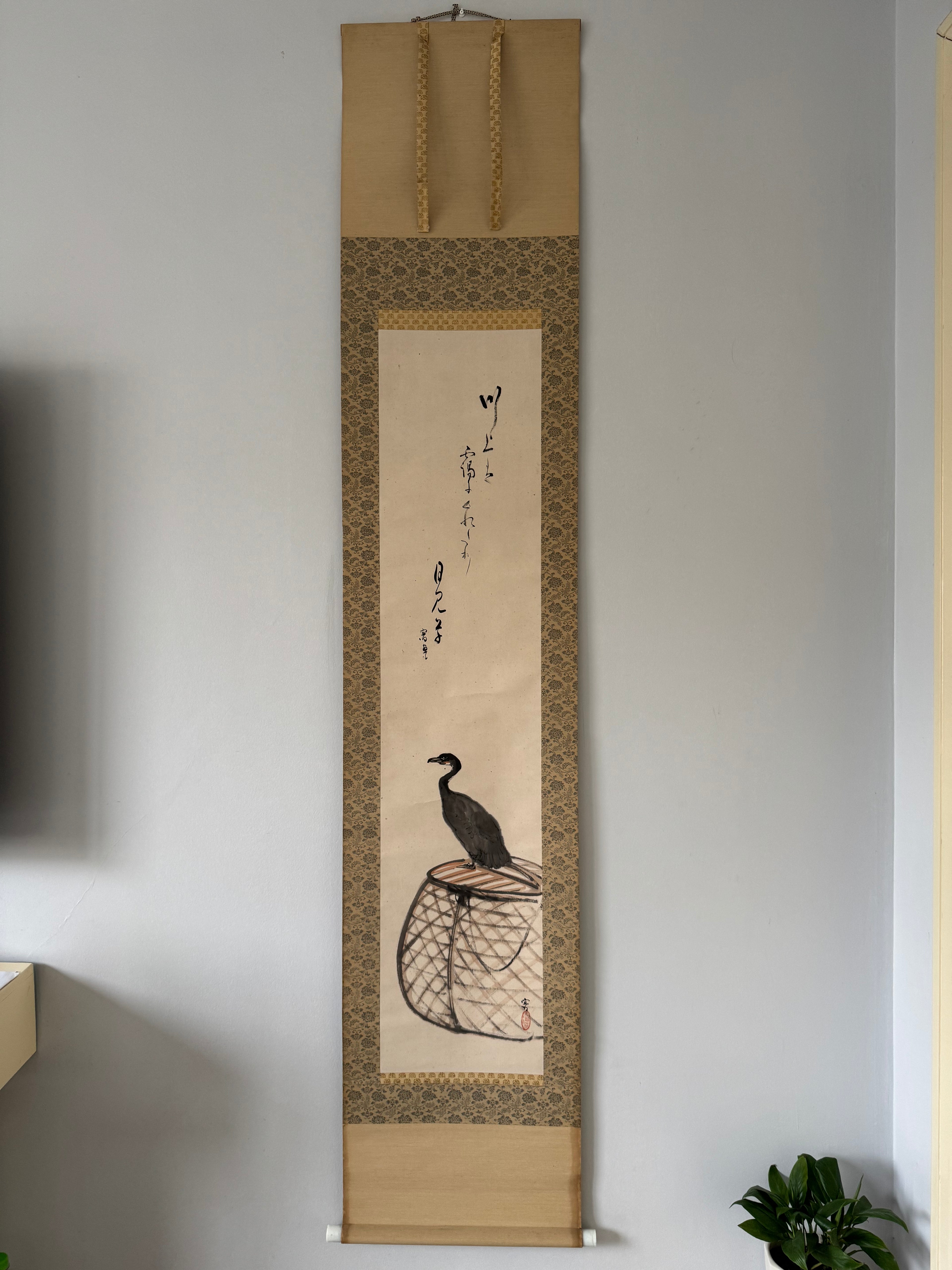 Japanese Cormorant Hanging Scroll – Vintage Ukai Fishing Kakemono with Haiku Calligraphy, Edo–Meiji Folk Literati Ink Painting