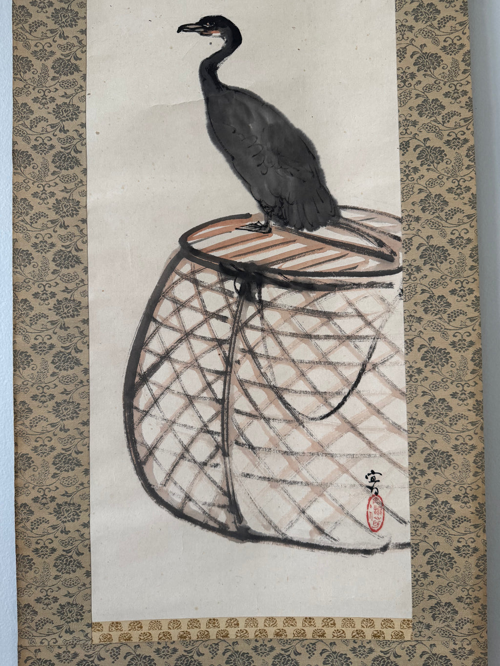 Japanese Cormorant Hanging Scroll – Vintage Ukai Fishing Kakemono with Haiku Calligraphy, Edo–Meiji Folk Literati Ink Painting