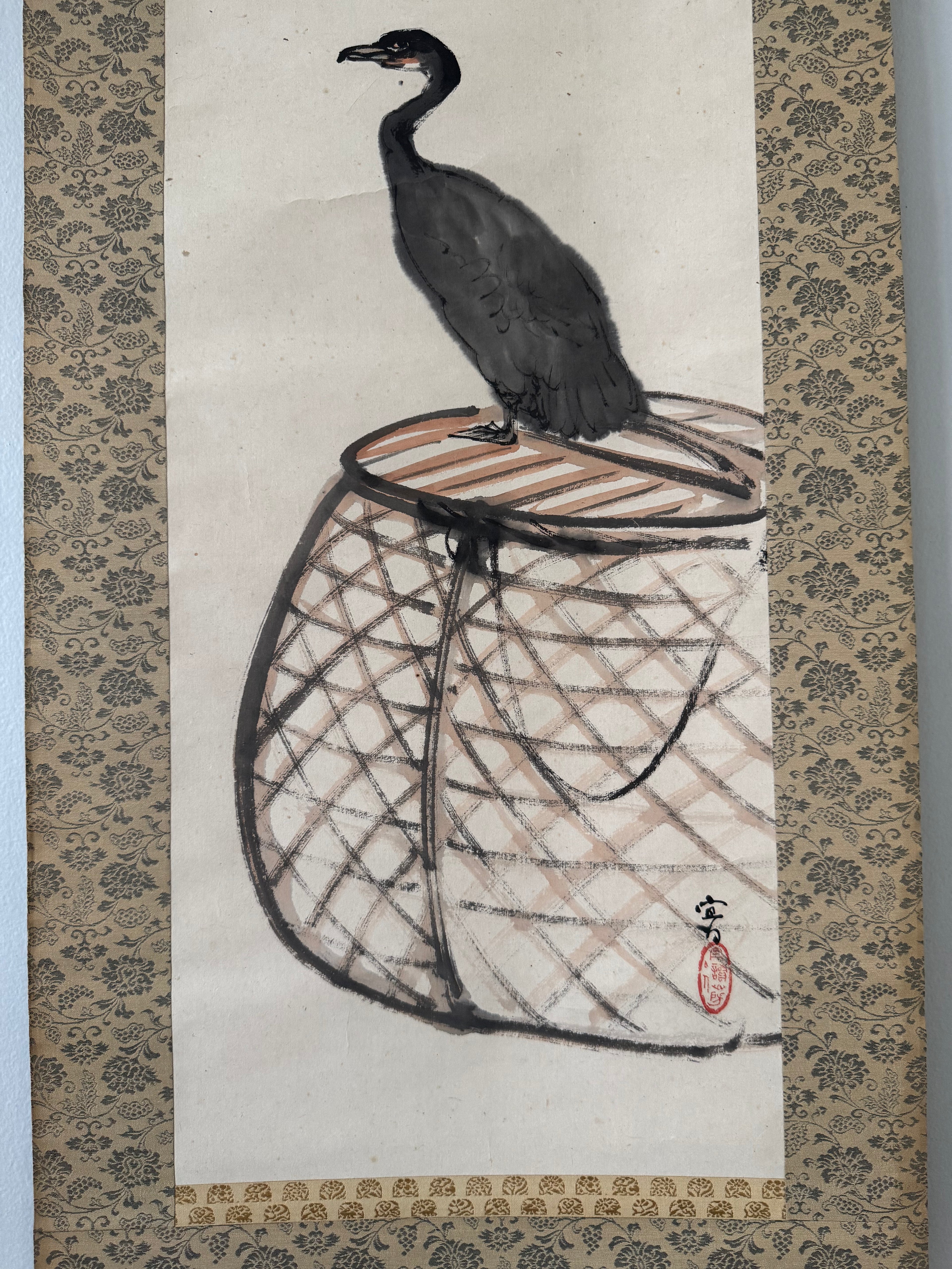 Japanese Cormorant Hanging Scroll – Vintage Ukai Fishing Kakemono with Haiku Calligraphy, Edo–Meiji Folk Literati Ink Painting