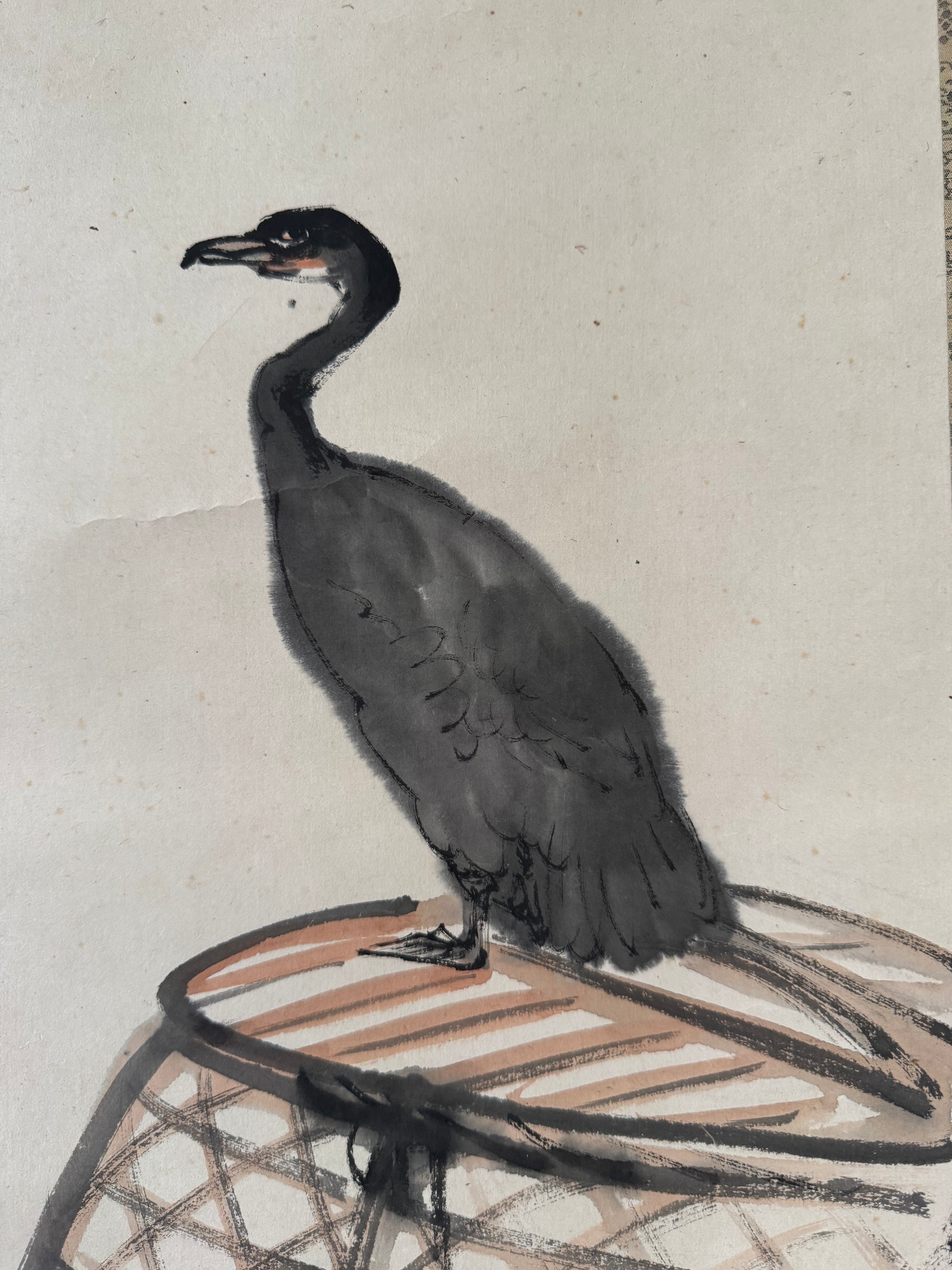 Japanese Cormorant Hanging Scroll – Vintage Ukai Fishing Kakemono with Haiku Calligraphy, Edo–Meiji Folk Literati Ink Painting
