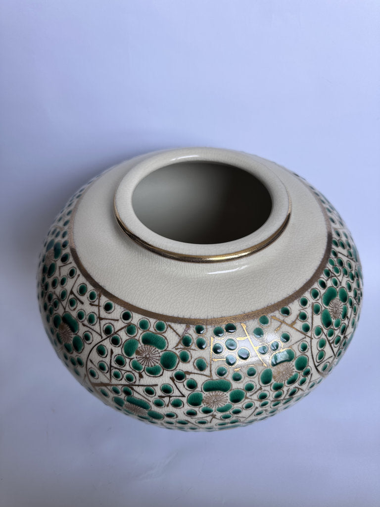 Vintage Kutani Vase, Japanese Plum Blossom Ceramic, Moriage Gold Gilt Ikebana Vessel