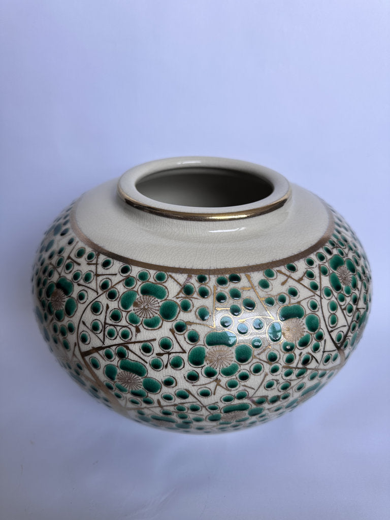 Vintage Kutani Vase, Japanese Plum Blossom Ceramic, Moriage Gold Gilt Ikebana Vessel