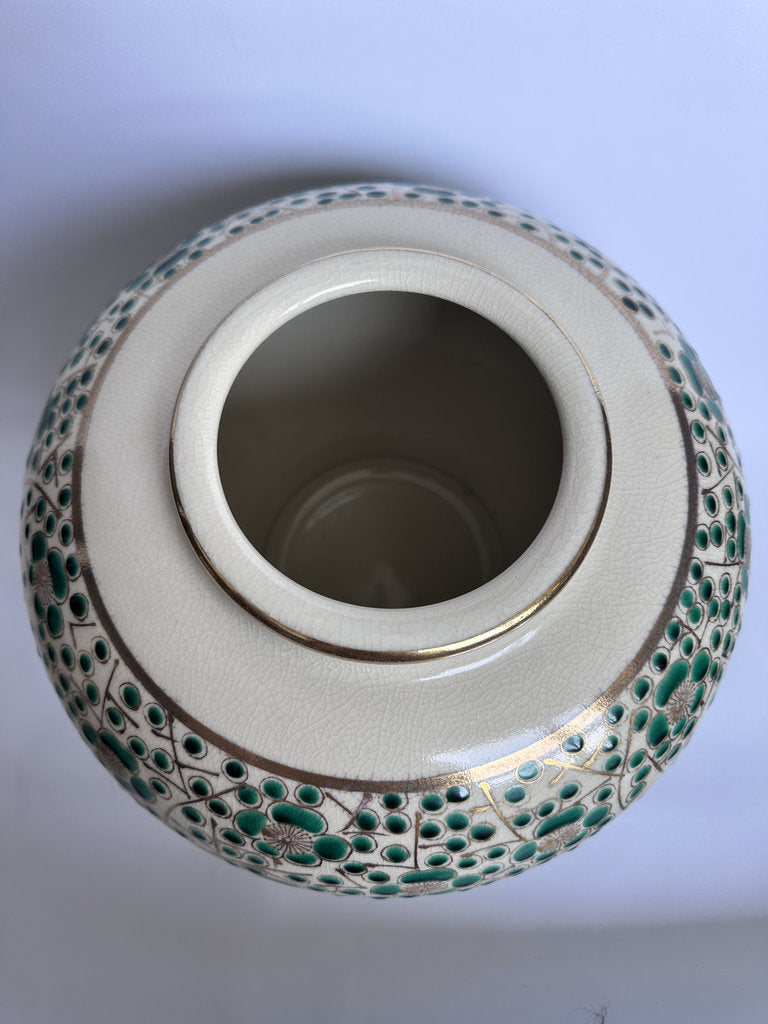 Vintage Kutani Vase, Japanese Plum Blossom Ceramic, Moriage Gold Gilt Ikebana Vessel