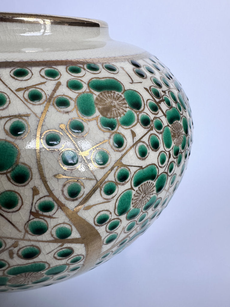 Vintage Kutani Vase, Japanese Plum Blossom Ceramic, Moriage Gold Gilt Ikebana Vessel