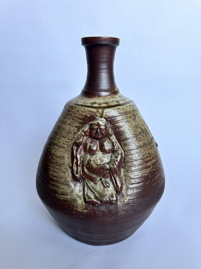 Vintage Bizen Ware Vase, Japanese Seven Lucky Gods Relief, Wood-Fired Ceramic