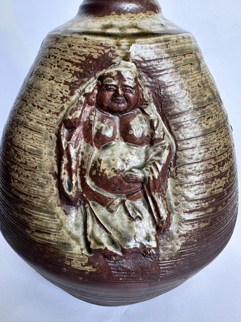 Vintage Bizen Ware Vase, Japanese Seven Lucky Gods Relief, Wood-Fired Ceramic
