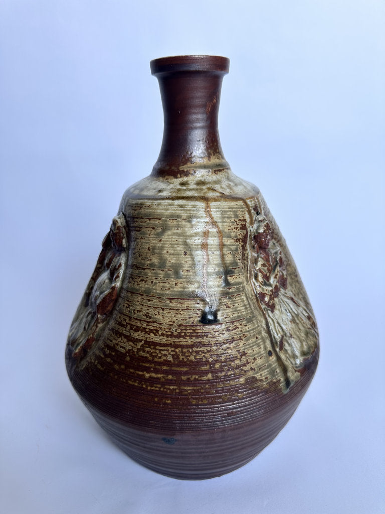 Vintage Bizen Ware Vase, Japanese Seven Lucky Gods Relief, Wood-Fired Ceramic