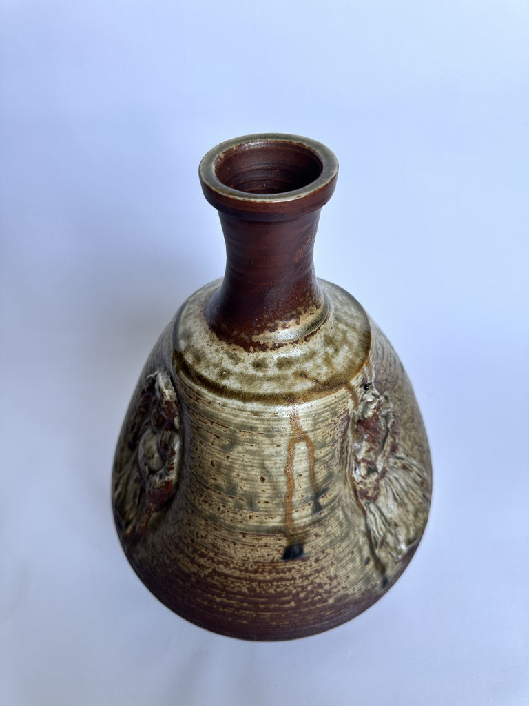 Vintage Bizen Ware Vase, Japanese Seven Lucky Gods Relief, Wood-Fired Ceramic