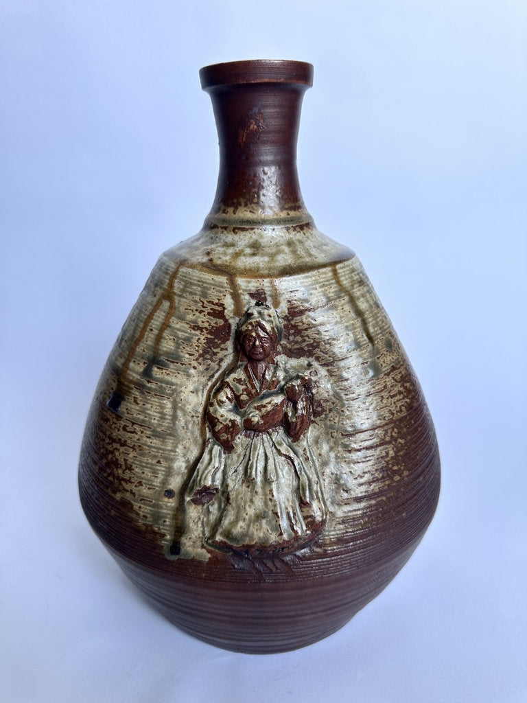 Vintage Bizen Ware Vase, Japanese Seven Lucky Gods Relief, Wood-Fired Ceramic