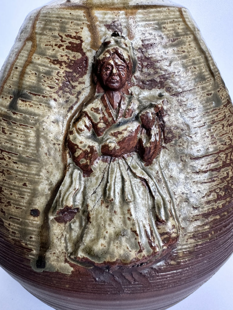 Vintage Bizen Ware Vase, Japanese Seven Lucky Gods Relief, Wood-Fired Ceramic