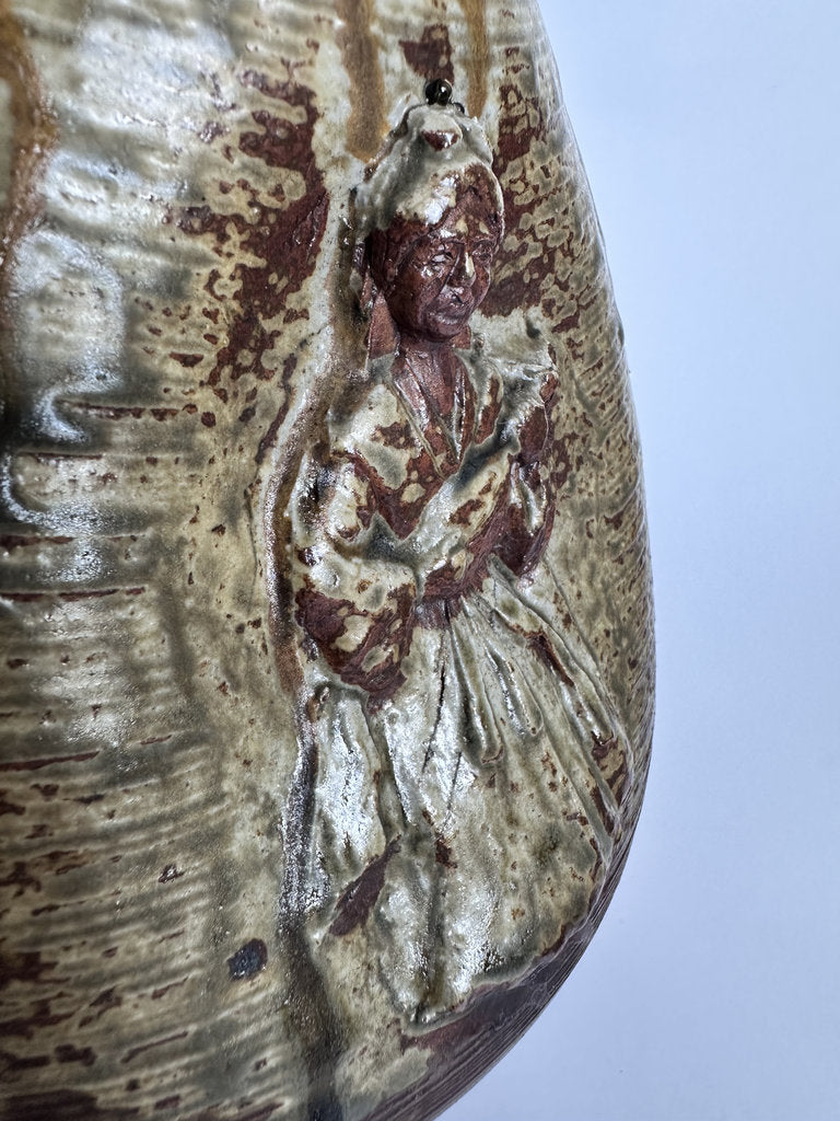 Vintage Bizen Ware Vase, Japanese Seven Lucky Gods Relief, Wood-Fired Ceramic