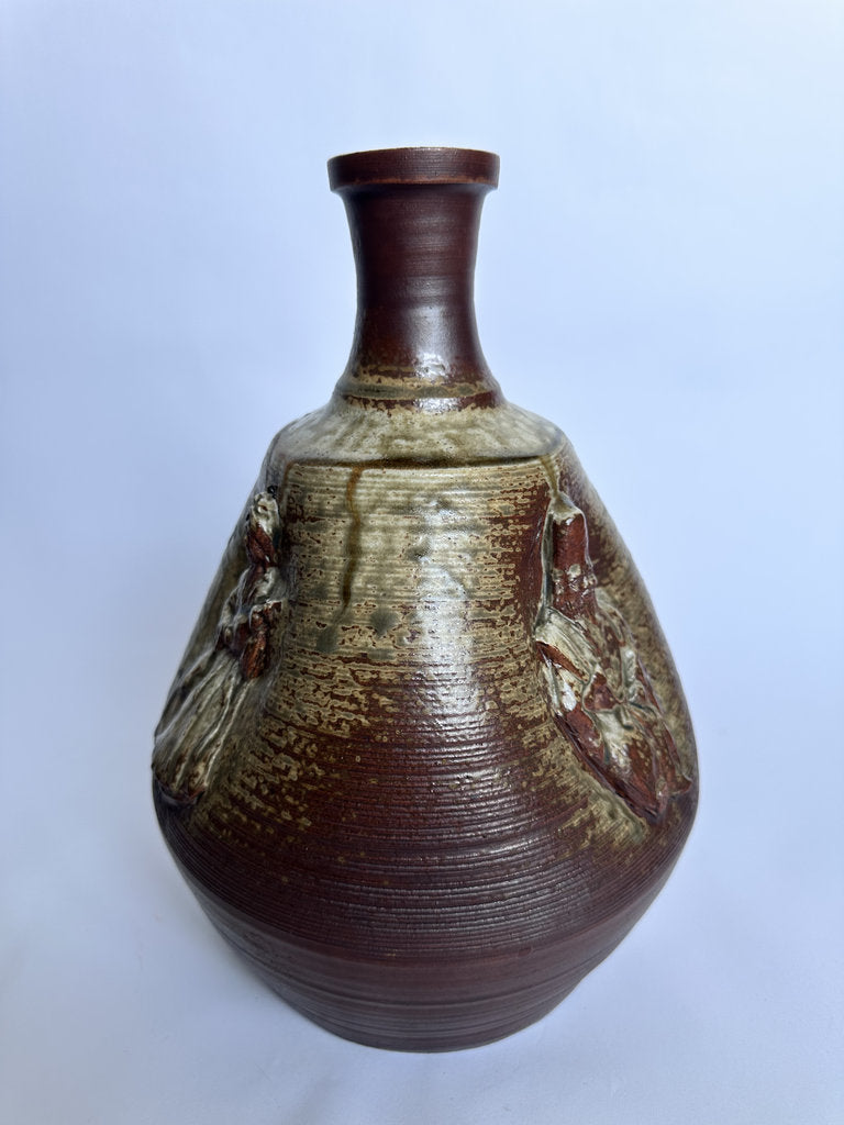 Vintage Bizen Ware Vase, Japanese Seven Lucky Gods Relief, Wood-Fired Ceramic