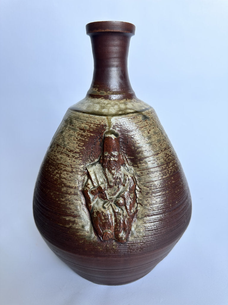 Vintage Bizen Ware Vase, Japanese Seven Lucky Gods Relief, Wood-Fired Ceramic