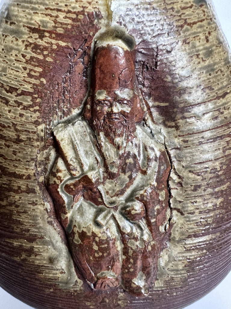 Vintage Bizen Ware Vase, Japanese Seven Lucky Gods Relief, Wood-Fired Ceramic