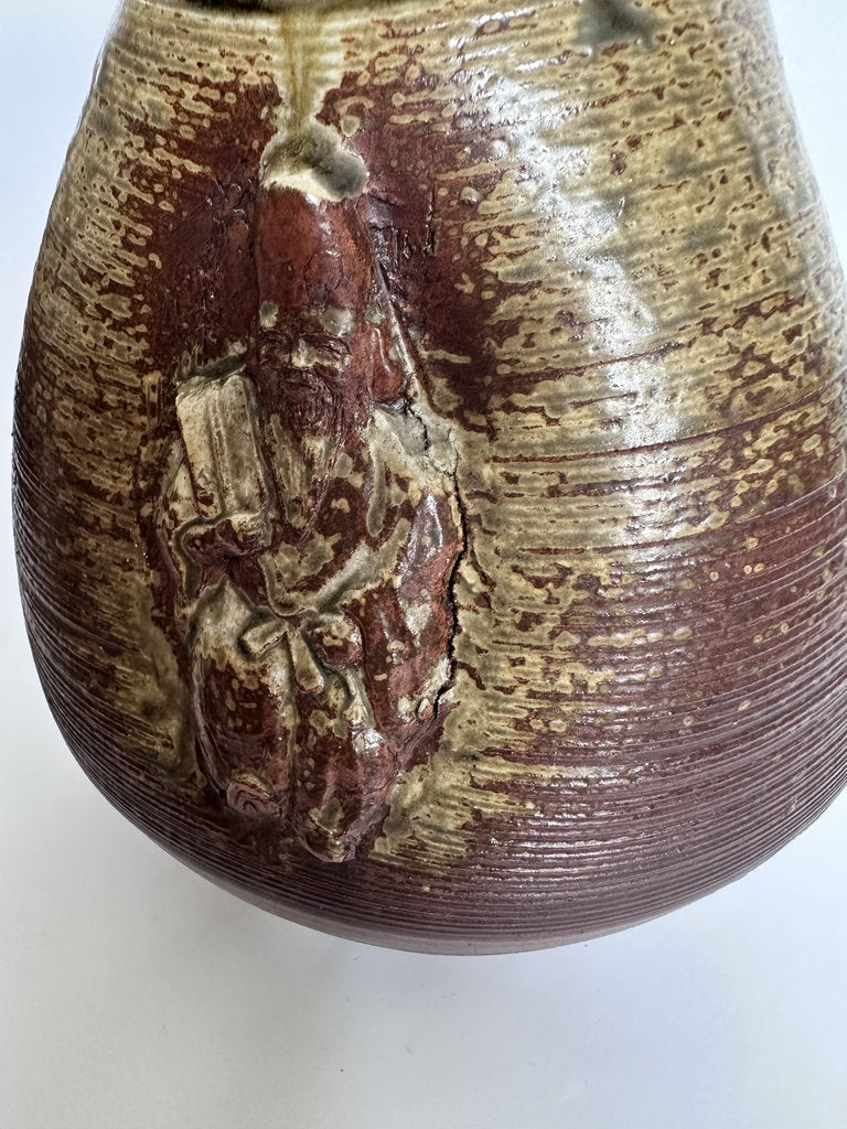 Vintage Bizen Ware Vase, Japanese Seven Lucky Gods Relief, Wood-Fired Ceramic