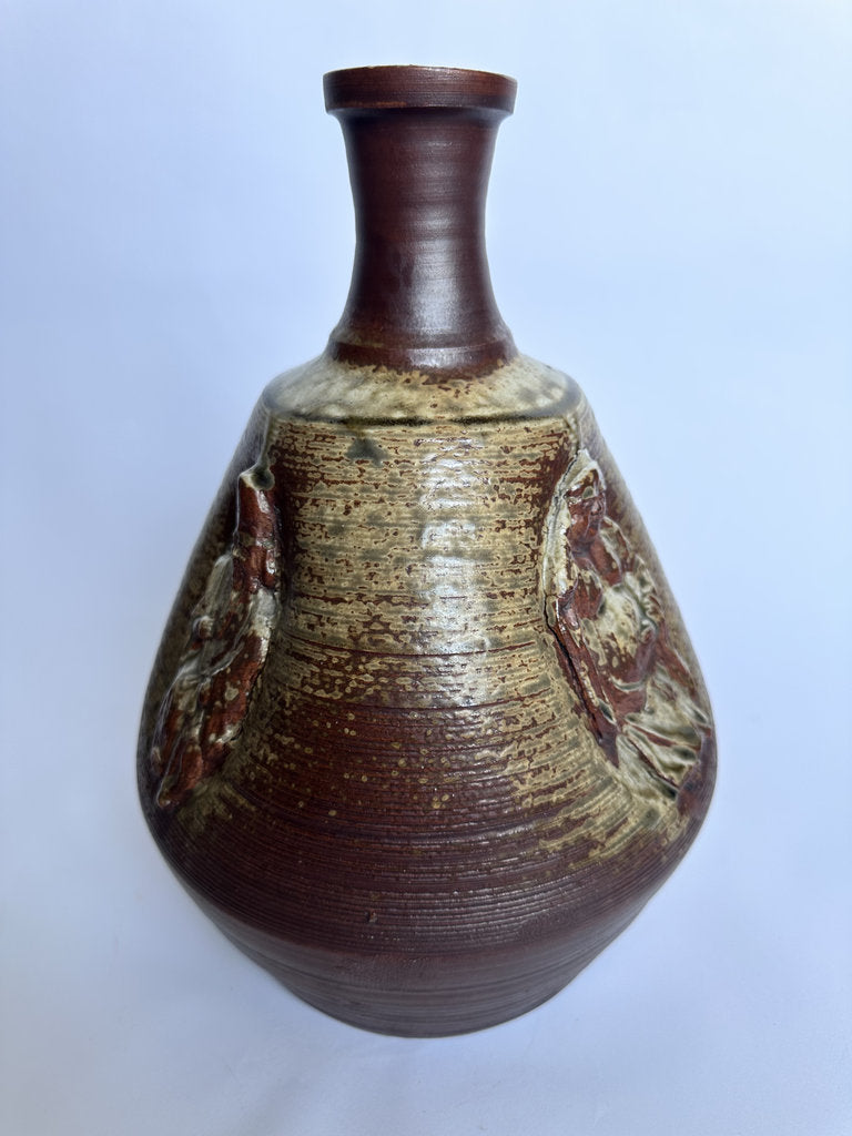 Vintage Bizen Ware Vase, Japanese Seven Lucky Gods Relief, Wood-Fired Ceramic