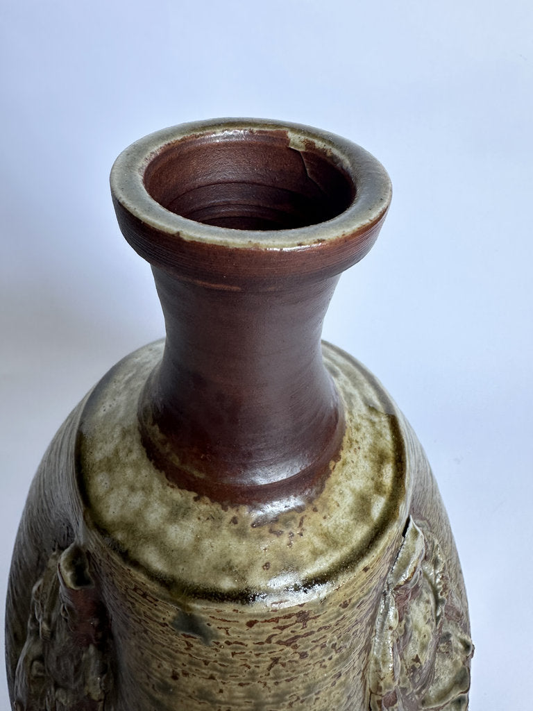Vintage Bizen Ware Vase, Japanese Seven Lucky Gods Relief, Wood-Fired Ceramic