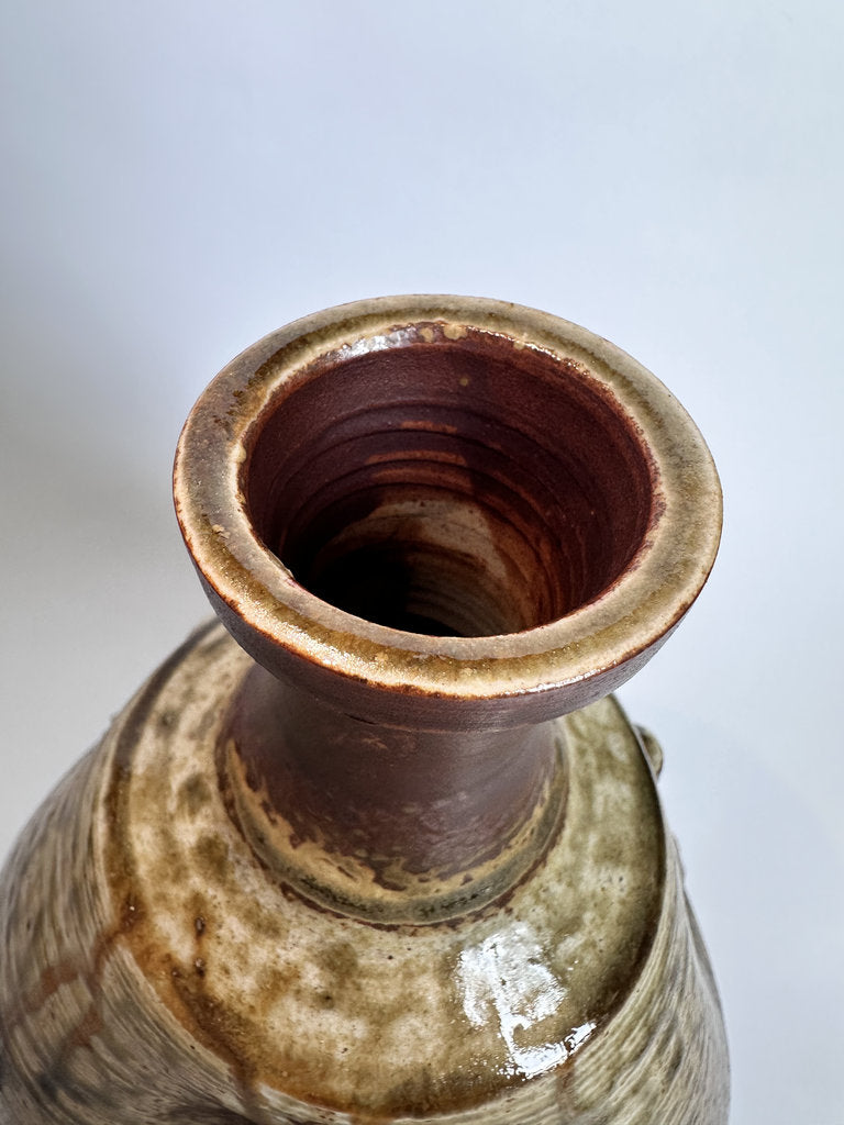 Vintage Bizen Ware Vase, Japanese Seven Lucky Gods Relief, Wood-Fired Ceramic