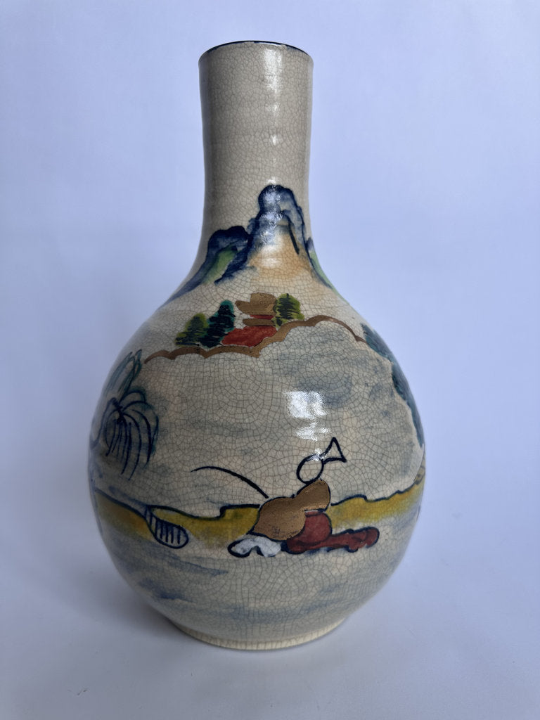Vintage Japanese Crackle Glaze Vase, Blue Landscape Ceramic, Yamato Mark