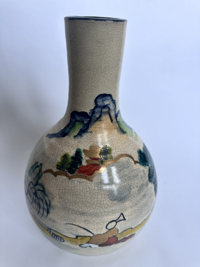 Vintage Japanese Crackle Glaze Vase, Blue Landscape Ceramic, Yamato Mark