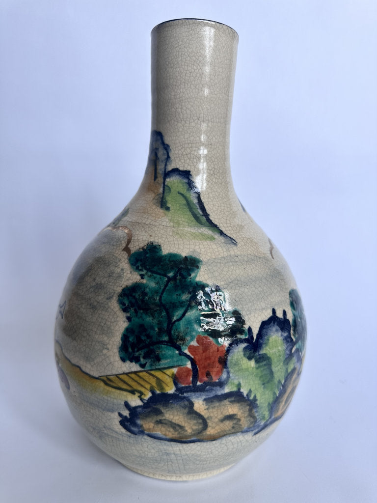 Vintage Japanese Crackle Glaze Vase, Blue Landscape Ceramic, Yamato Mark