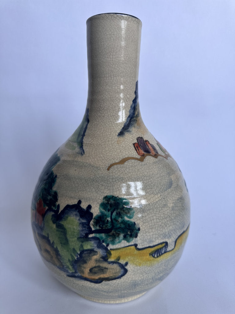 Vintage Japanese Crackle Glaze Vase, Blue Landscape Ceramic, Yamato Mark