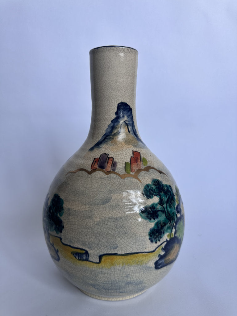 Vintage Japanese Crackle Glaze Vase, Blue Landscape Ceramic, Yamato Mark