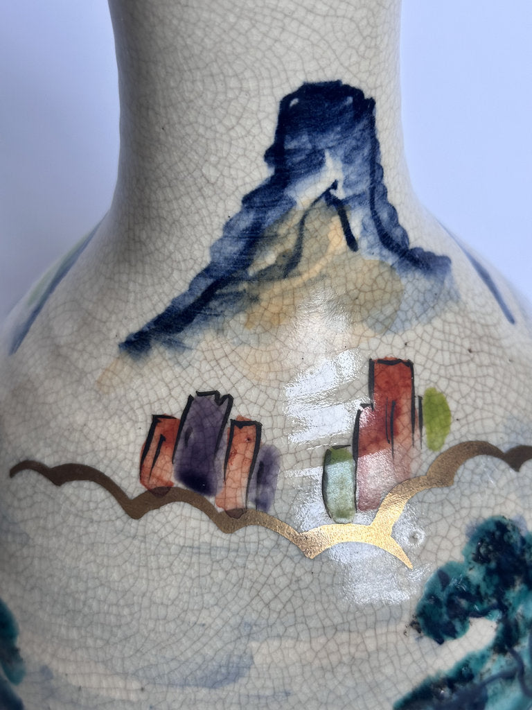 Vintage Japanese Crackle Glaze Vase, Blue Landscape Ceramic, Yamato Mark