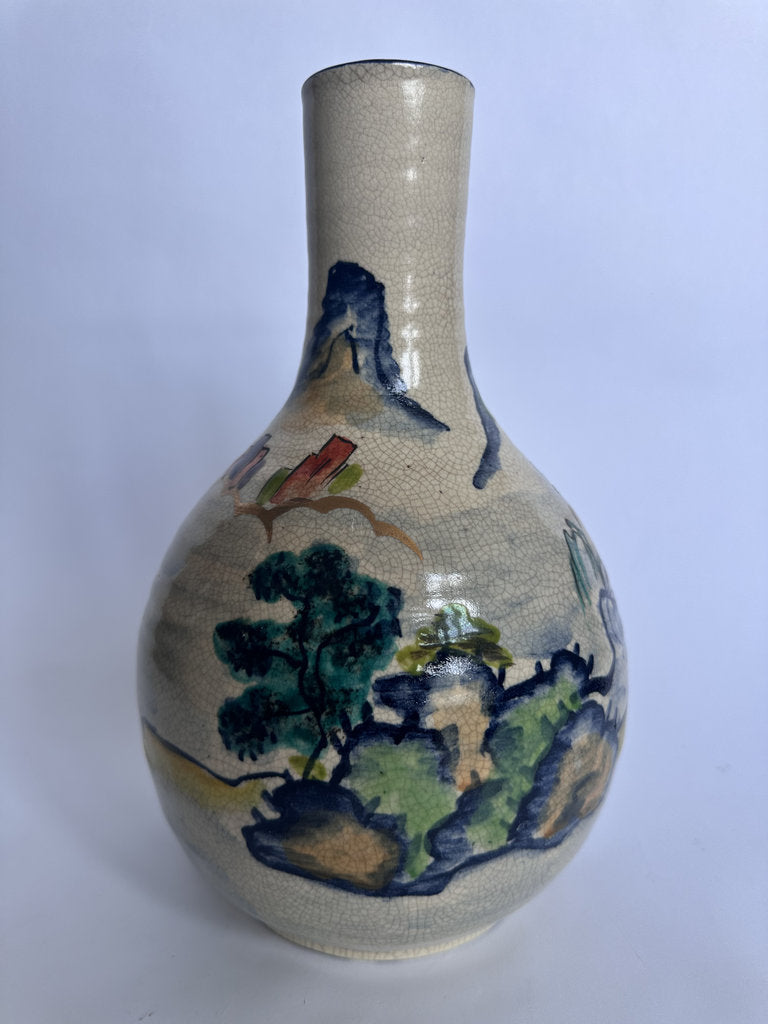 Vintage Japanese Crackle Glaze Vase, Blue Landscape Ceramic, Yamato Mark