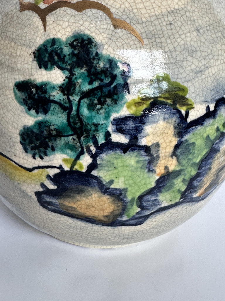 Vintage Japanese Crackle Glaze Vase, Blue Landscape Ceramic, Yamato Mark