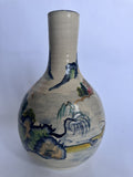 Vintage Japanese Crackle Glaze Vase, Blue Landscape Ceramic, Yamato Mark