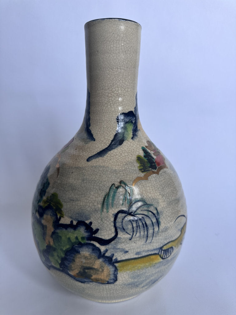 Vintage Japanese Crackle Glaze Vase, Blue Landscape Ceramic, Yamato Mark