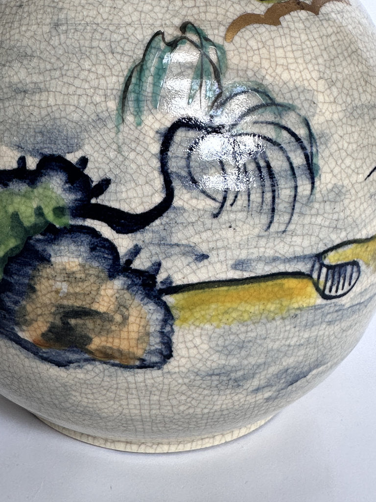 Vintage Japanese Crackle Glaze Vase, Blue Landscape Ceramic, Yamato Mark