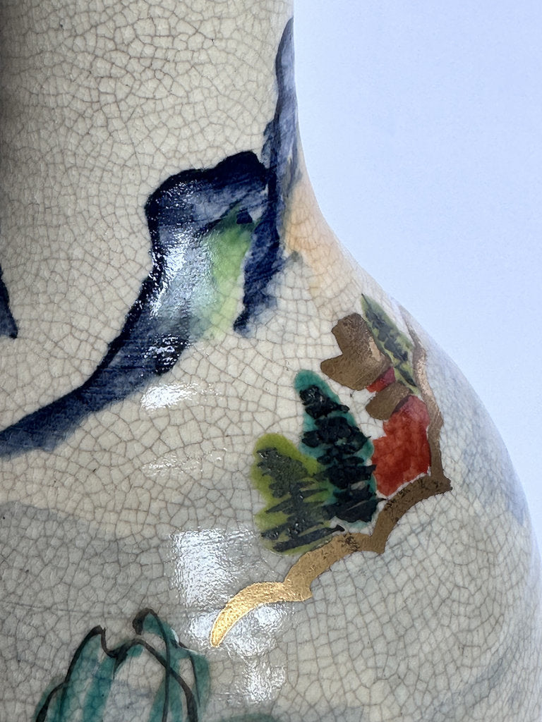 Vintage Japanese Crackle Glaze Vase, Blue Landscape Ceramic, Yamato Mark