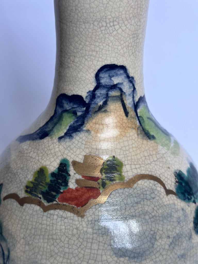 Vintage Japanese Crackle Glaze Vase, Blue Landscape Ceramic, Yamato Mark