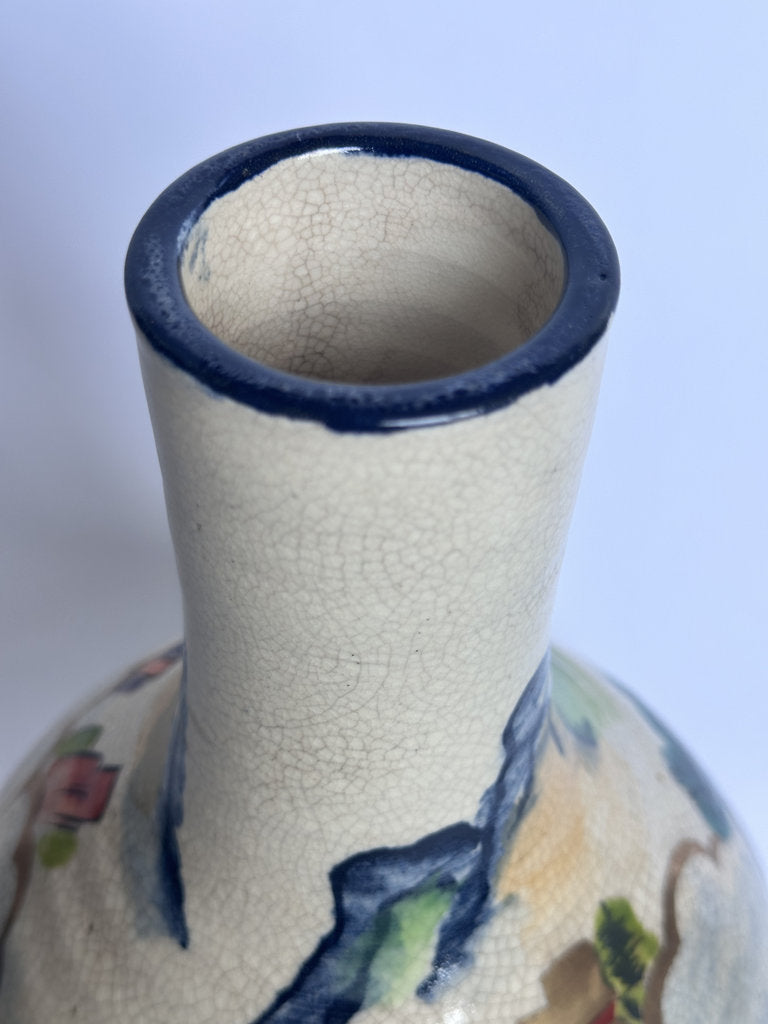 Vintage Japanese Crackle Glaze Vase, Blue Landscape Ceramic, Yamato Mark