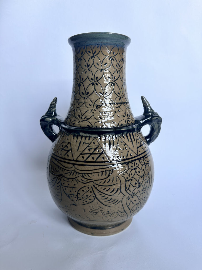 Vintage Tsuboya Ware Vase, Okinawan Fish Motif Ceramic, Horn Handle Pottery