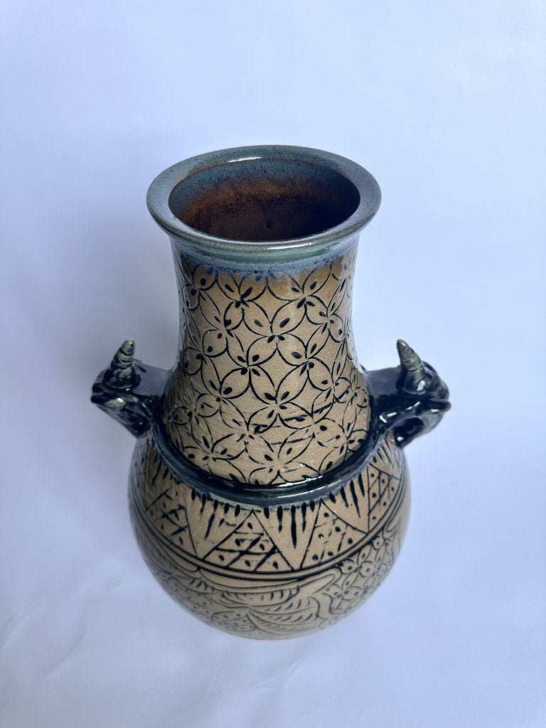 Vintage Tsuboya Ware Vase, Okinawan Fish Motif Ceramic, Horn Handle Pottery