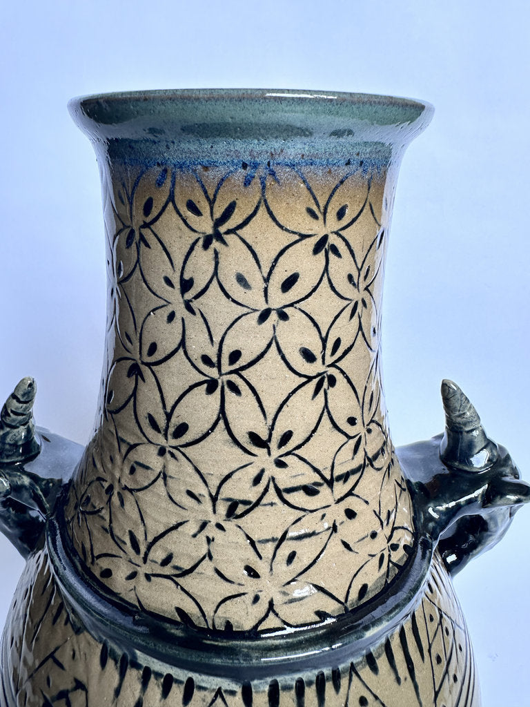 Vintage Tsuboya Ware Vase, Okinawan Fish Motif Ceramic, Horn Handle Pottery
