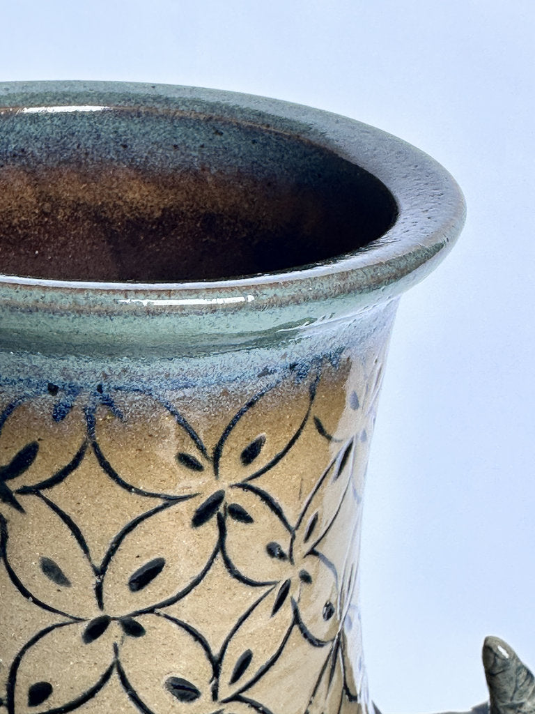 Vintage Tsuboya Ware Vase, Okinawan Fish Motif Ceramic, Horn Handle Pottery