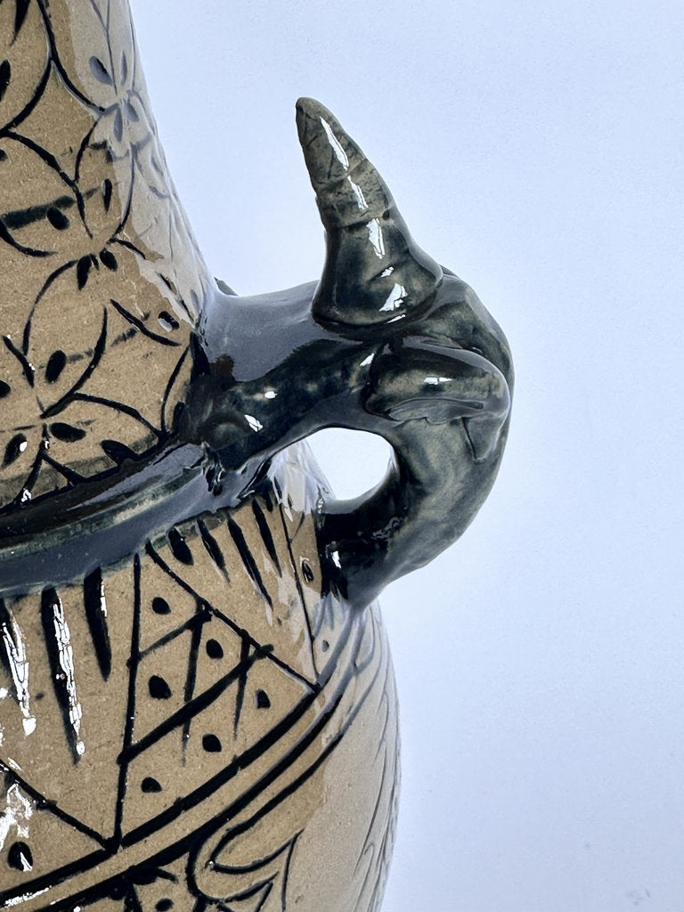 Vintage Tsuboya Ware Vase, Okinawan Fish Motif Ceramic, Horn Handle Pottery