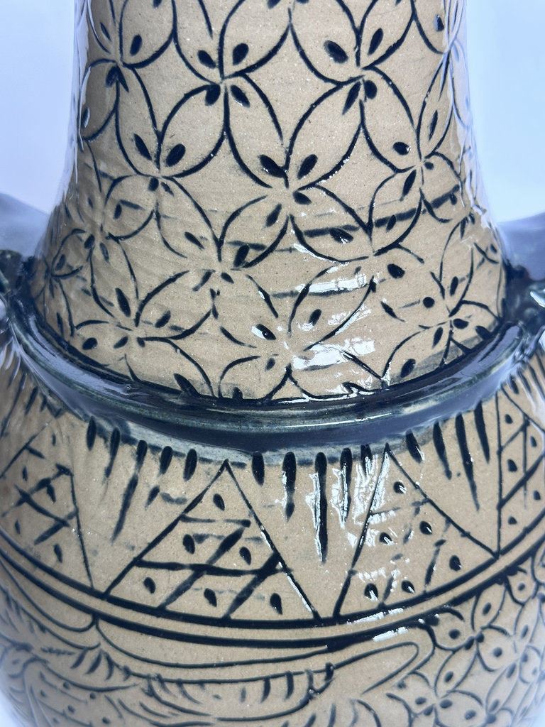 Vintage Tsuboya Ware Vase, Okinawan Fish Motif Ceramic, Horn Handle Pottery