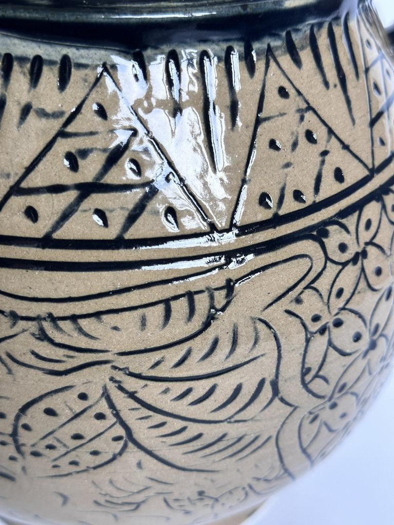 Vintage Tsuboya Ware Vase, Okinawan Fish Motif Ceramic, Horn Handle Pottery