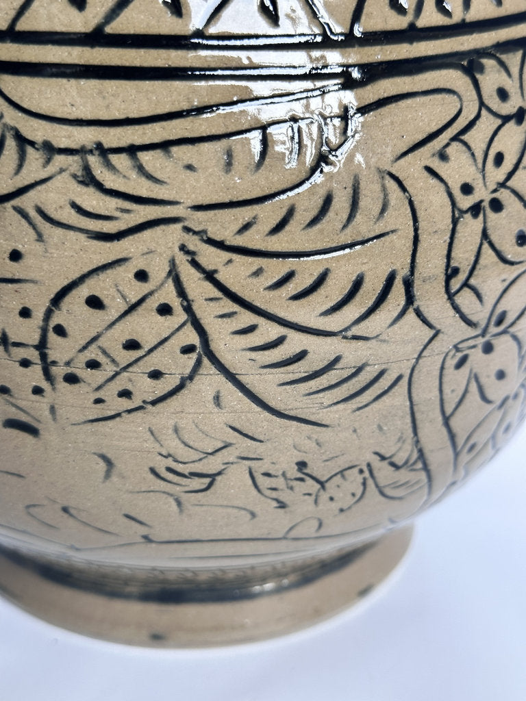 Vintage Tsuboya Ware Vase, Okinawan Fish Motif Ceramic, Horn Handle Pottery