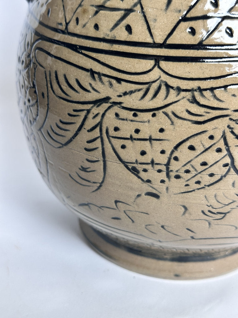 Vintage Tsuboya Ware Vase, Okinawan Fish Motif Ceramic, Horn Handle Pottery