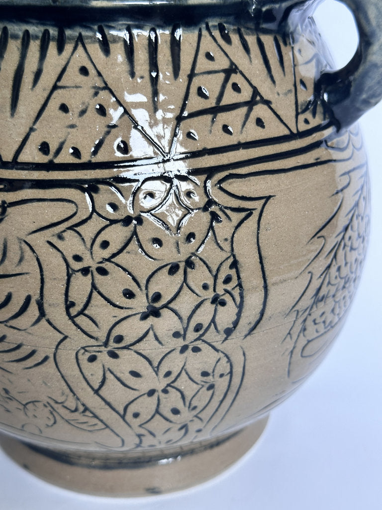 Vintage Tsuboya Ware Vase, Okinawan Fish Motif Ceramic, Horn Handle Pottery