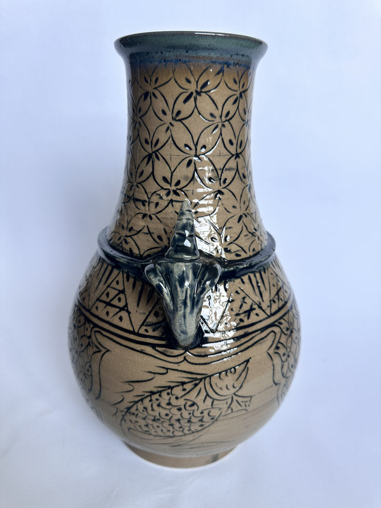 Vintage Tsuboya Ware Vase, Okinawan Fish Motif Ceramic, Horn Handle Pottery