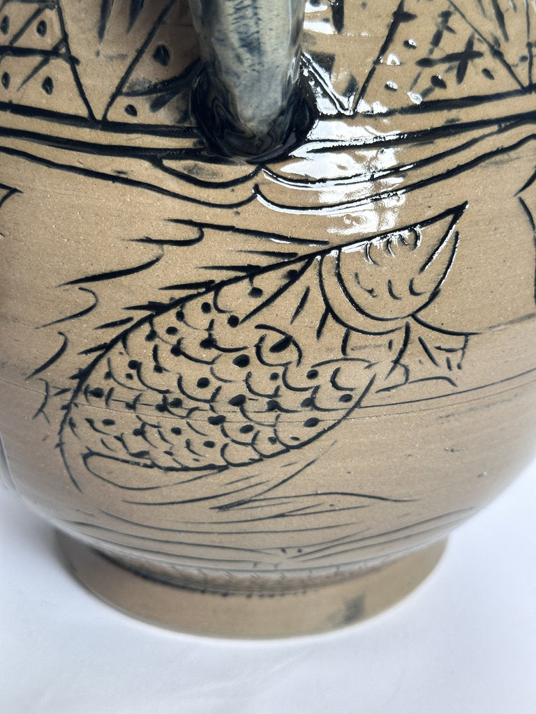 Vintage Tsuboya Ware Vase, Okinawan Fish Motif Ceramic, Horn Handle Pottery