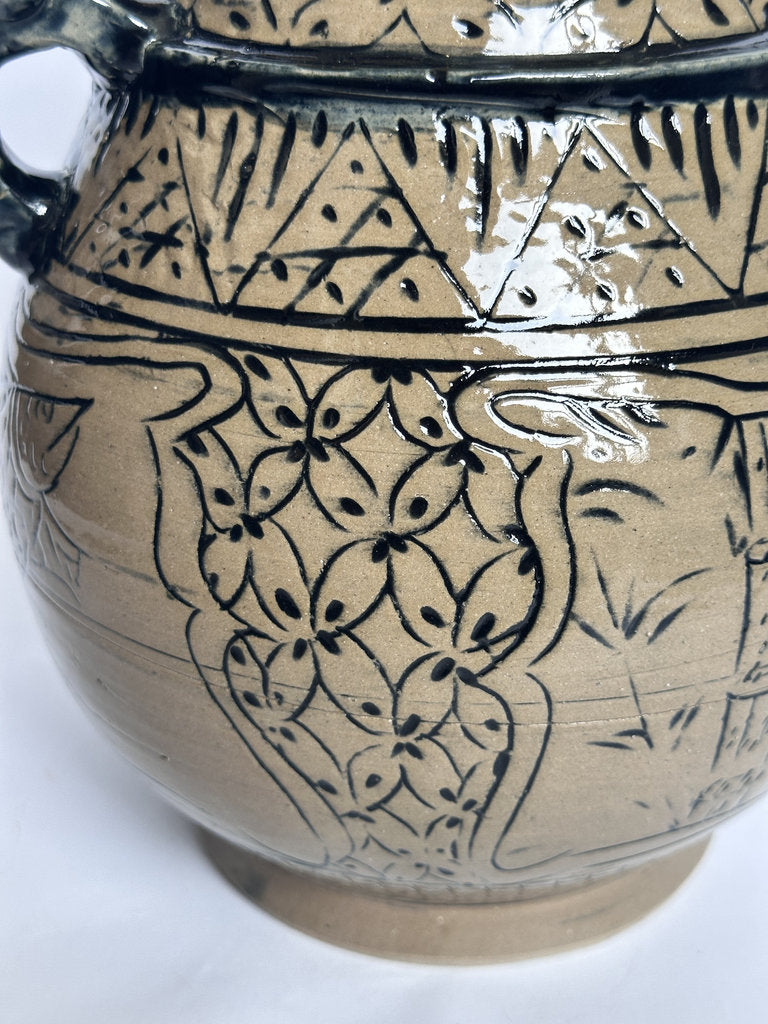 Vintage Tsuboya Ware Vase, Okinawan Fish Motif Ceramic, Horn Handle Pottery