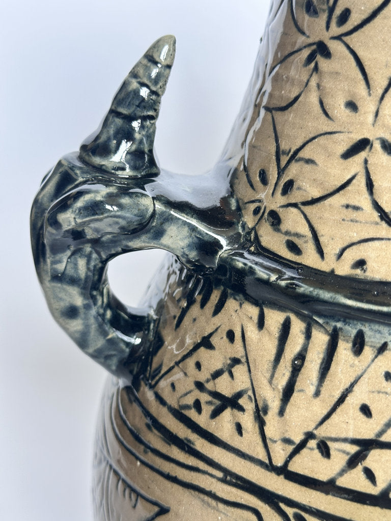Vintage Tsuboya Ware Vase, Okinawan Fish Motif Ceramic, Horn Handle Pottery
